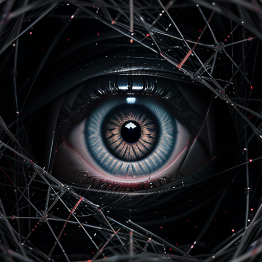 A single, unsettling eye emerging from a chaotic network of data streams.